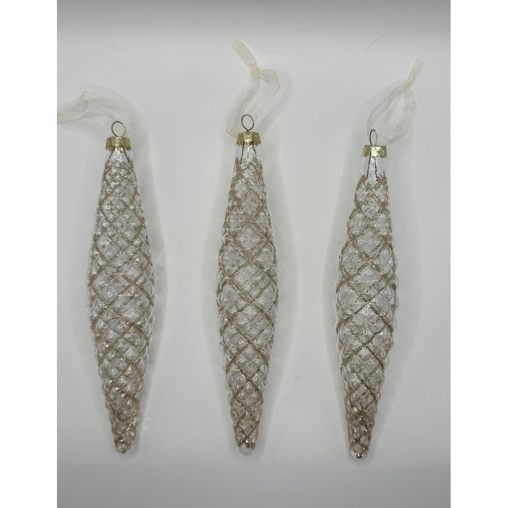 Vintage Blown Glass Pinecone Ornaments Set 3 Clear Gold Glitter Christmas 7.5"